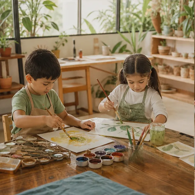 Niños del programa Trama pintan en el atelier