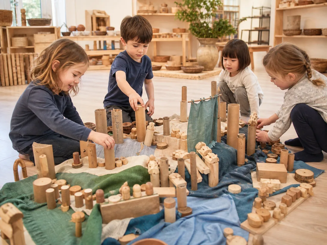 Niños diseñan juntos una ciudad con tubos, piezas de madera y telas